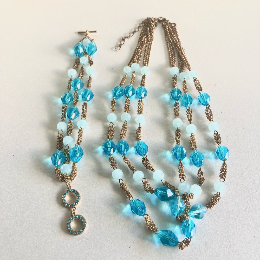 Aqua Blue Multi-Strand Beaded Necklace and Bracelet Set